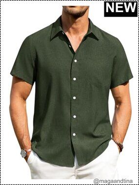 Men's Linen Button Down Shirt Short Sleeve Wrinkle Free Casual Beach Summer